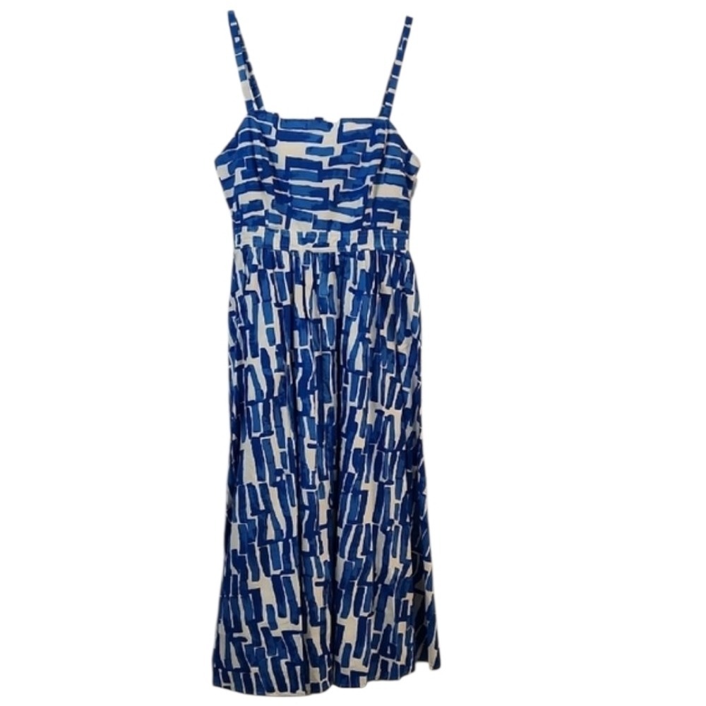 NWT Nine West Blue White Abstract Print Midi Dress Spaghetti Strap Square Neck M - Picture 3 of 13